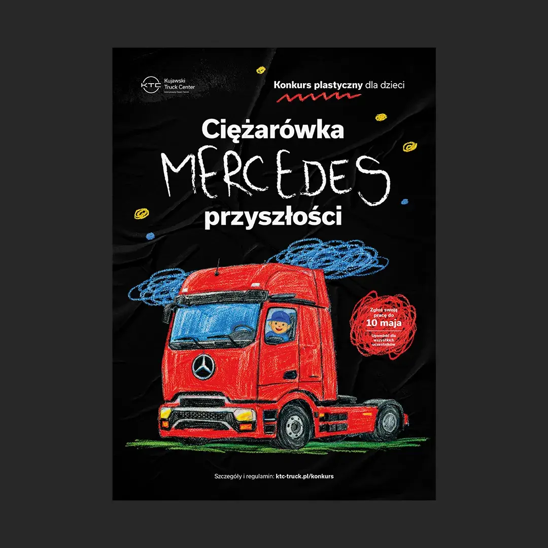 plakat z narysowaną czerwoną ciężarówką mercedesa